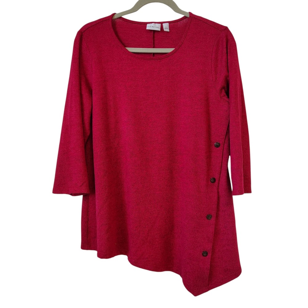 Kim Rogers Tunic Top Women's Large Burgundy Heathered Asymmetrical Button Detail